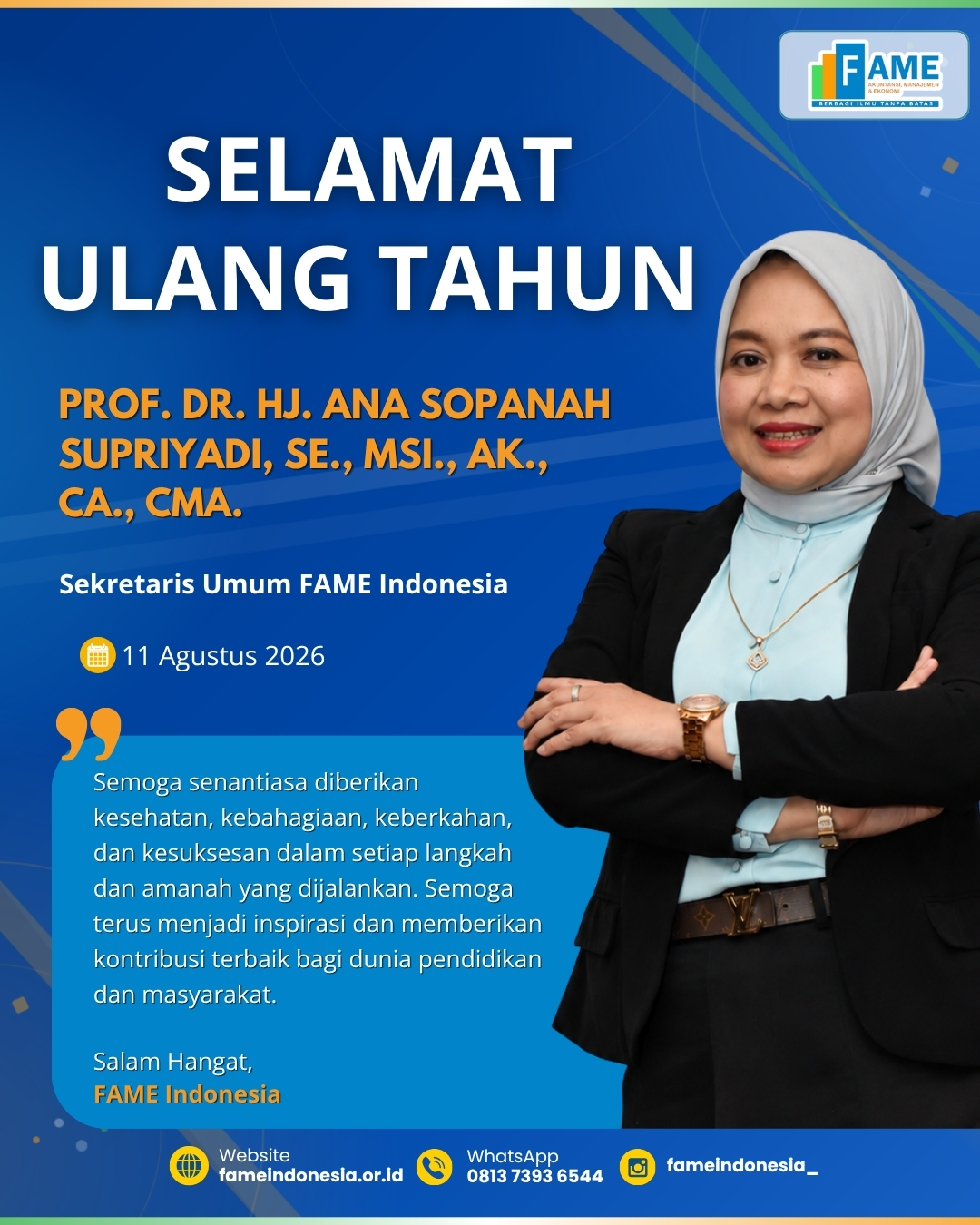 FAME Indonesia Sampaikan Selamat Ulang Tahun kepada Prof. Dr. Hj. Ana Sopanah Supriyadi